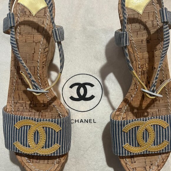 CHANEL Resort Cork Wedges Blue Striped Yellow CC Ankle Strap Shoes 36 6 - Picture 13 of 16
